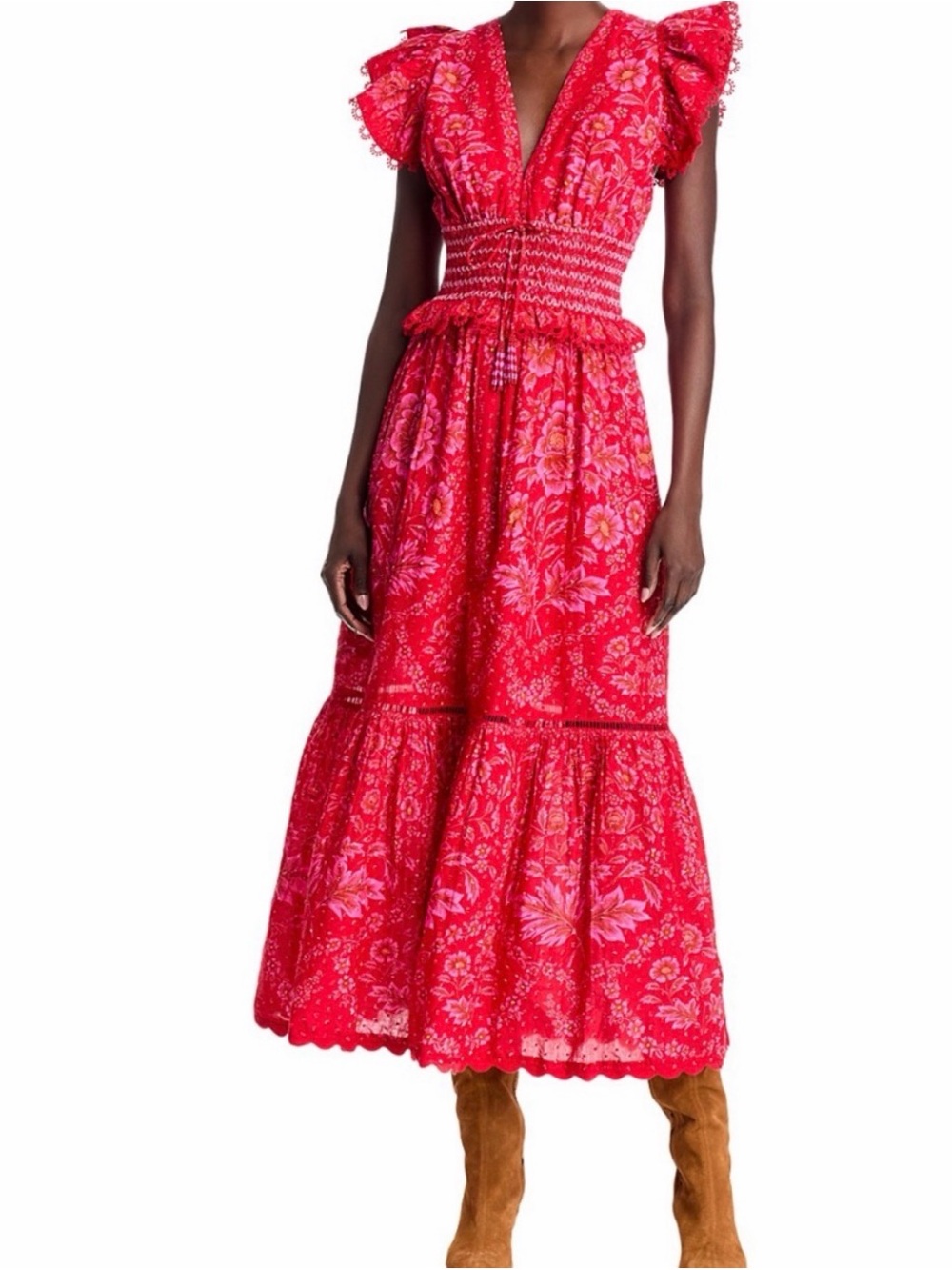 FARM Rio Hot Pink and Red Floral Tiered Maxi Dress